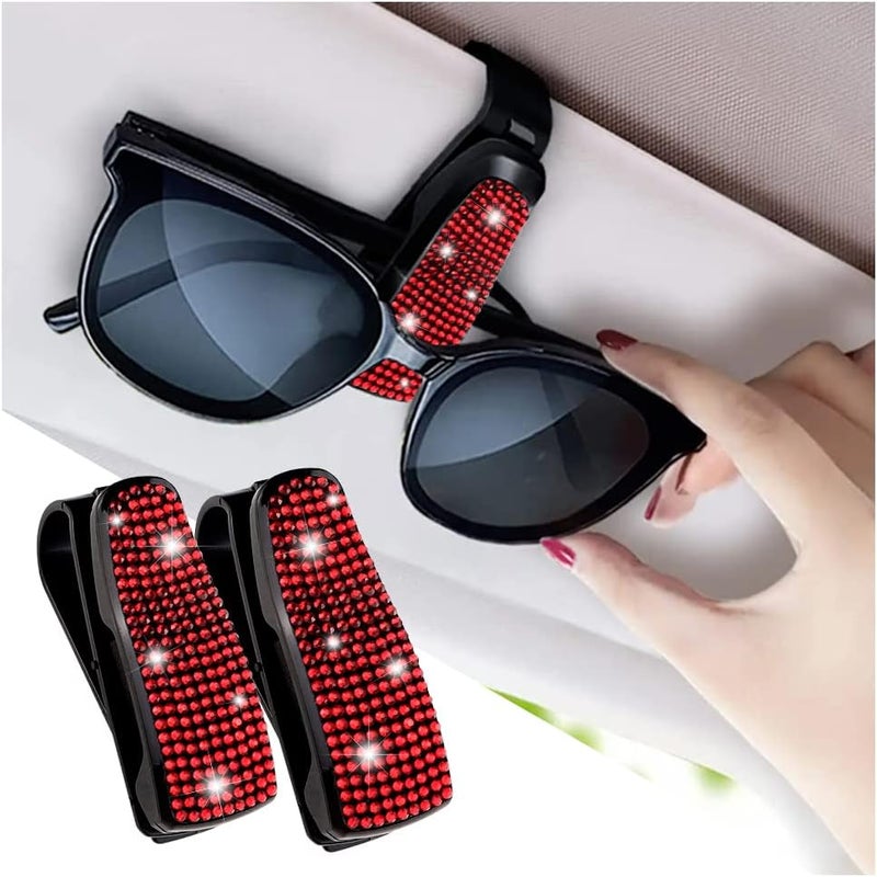 Turcee Set of 2 Bling Rhinestone Car Sun Visor Glasses Holders with Anti-Scratch Sponge,Car Decoration for Women Girls,Ticket Card Clip Visor Organizer,Universal Rhinestone Car Accessories (Red-2pcs) - Image 1